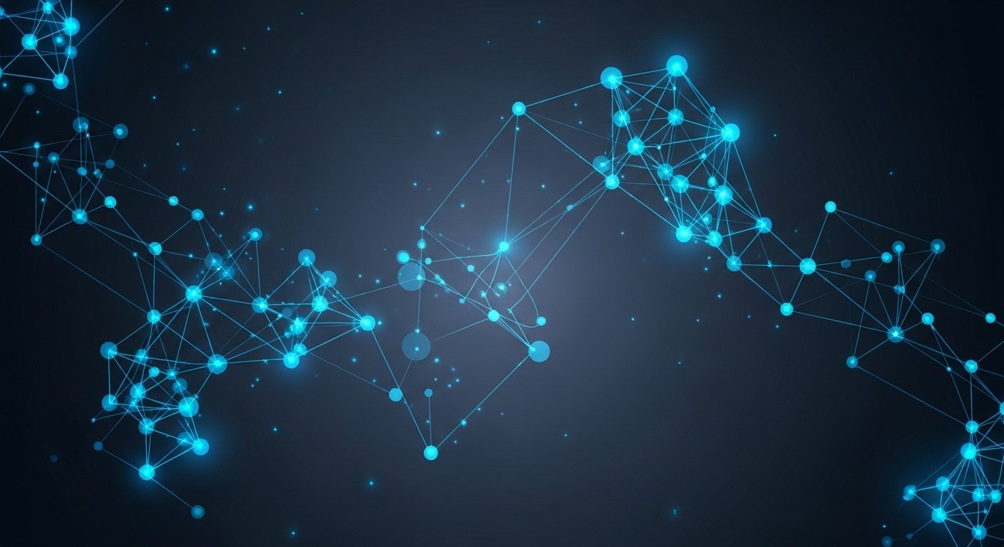 An abstract visualization of a correct website analytics setup, with glowing blue data points connected in a clean network against a dark background.
