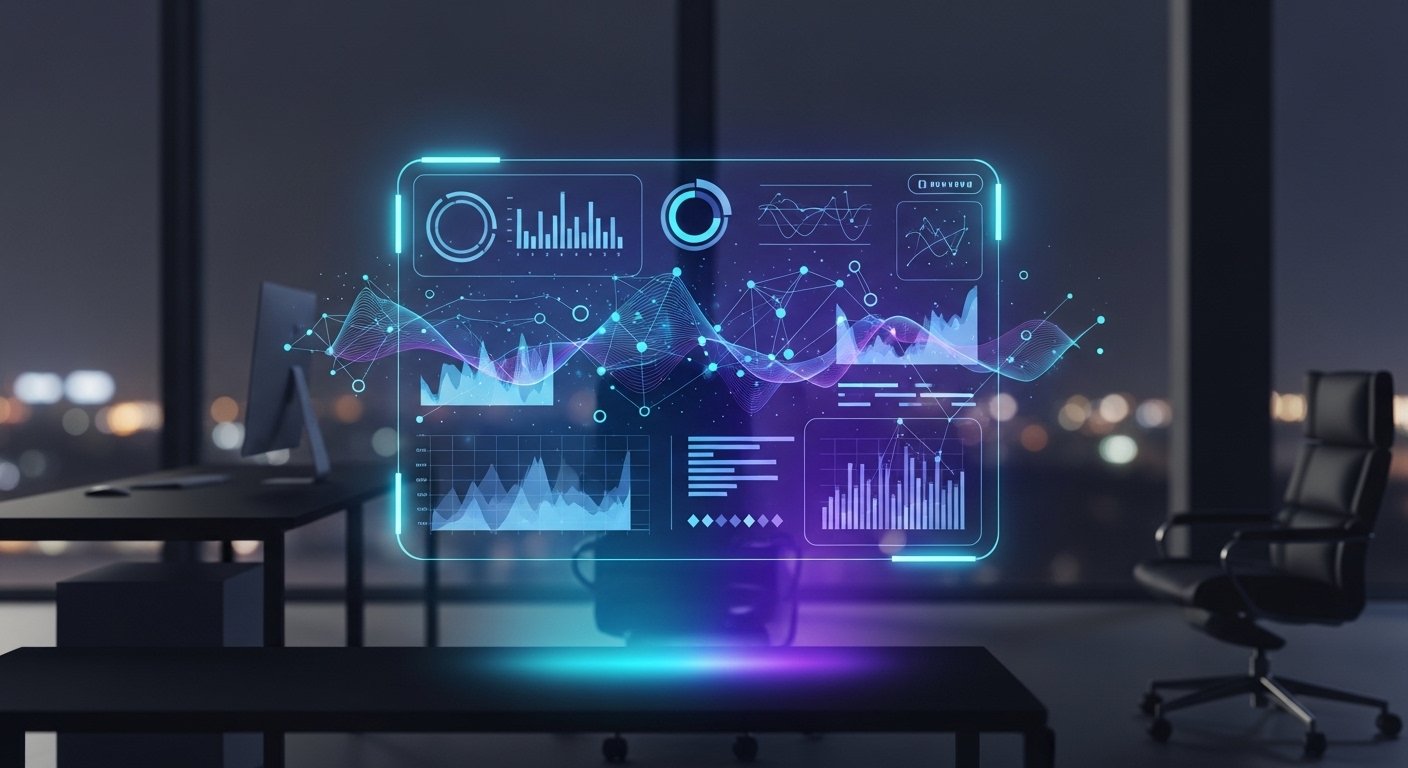 An abstract visualization of data analytics showing glowing charts and graphs, representing the process to track website conversions.