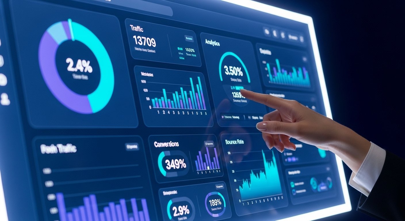A close-up of a digital analytics dashboard with glowing charts, representing a business owner using a GA4 audit checklist to improve data accuracy.