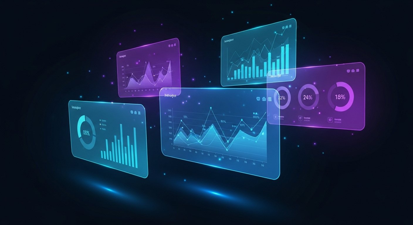 An abstract visual of glowing data charts and analytics dashboards, representing a professional website analytics setup for accurate business insights.