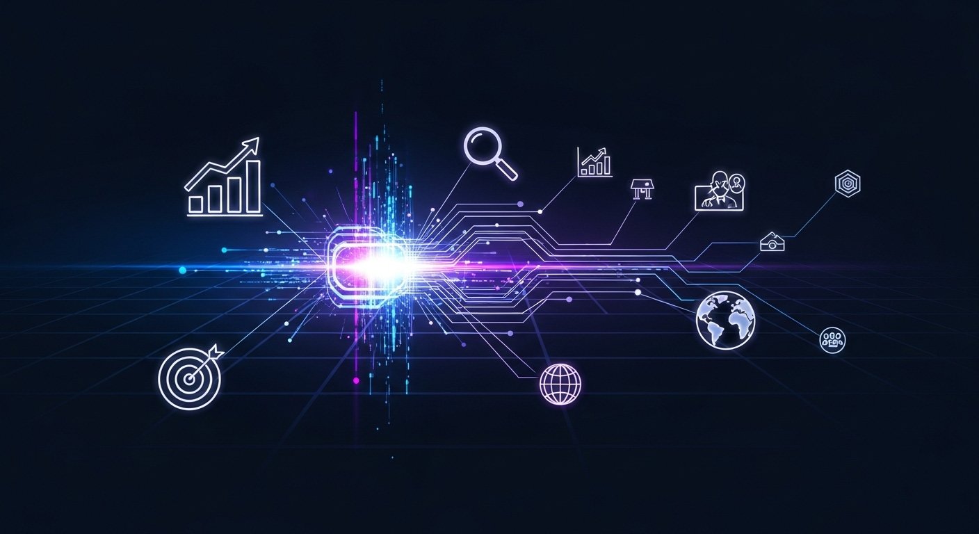 Abstract visualization of a digital marketing strategy, showing a central hub connecting various data points and business objectives to fuel growth.