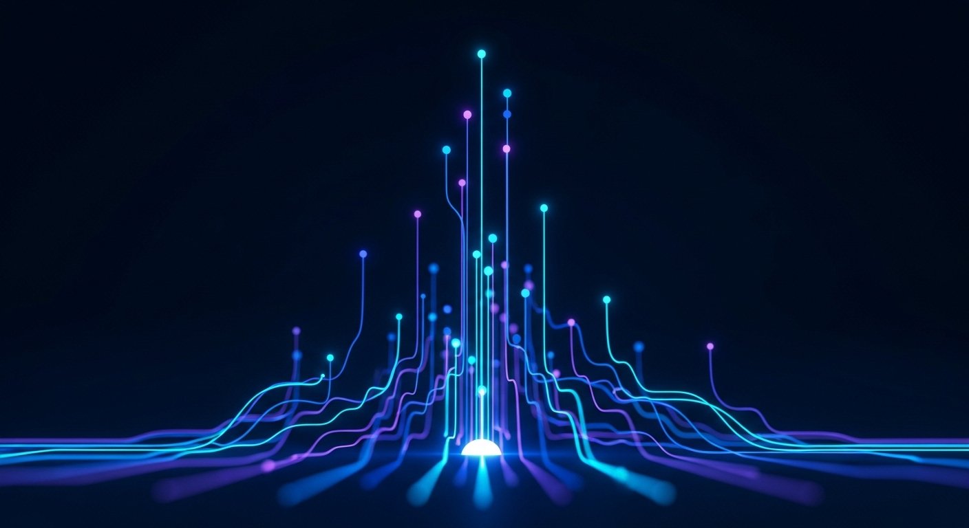 An abstract image with glowing blue and purple network lines expanding from a central point, symbolizing how a business can improve online visibility.
