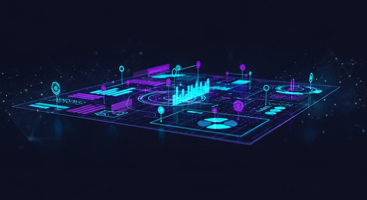An abstract visualization of a strategic SEO content plan, with glowing blue and purple data points connected on a dark digital blueprint.