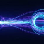 An abstract image with glowing blue and purple light trails on a dark background, symbolizing the concept of fast data transfer for website speed optimization.