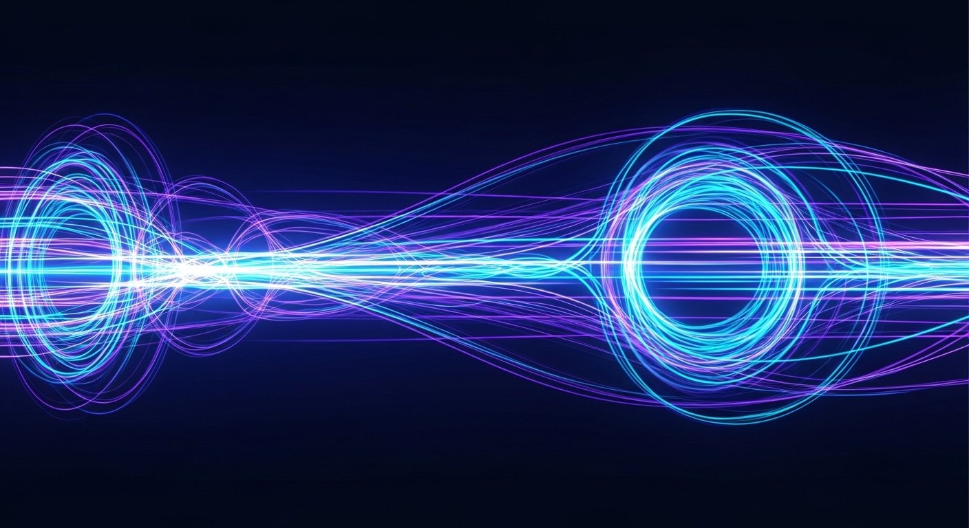 An abstract image with glowing blue and purple light trails on a dark background, symbolizing the concept of fast data transfer for website speed optimization.