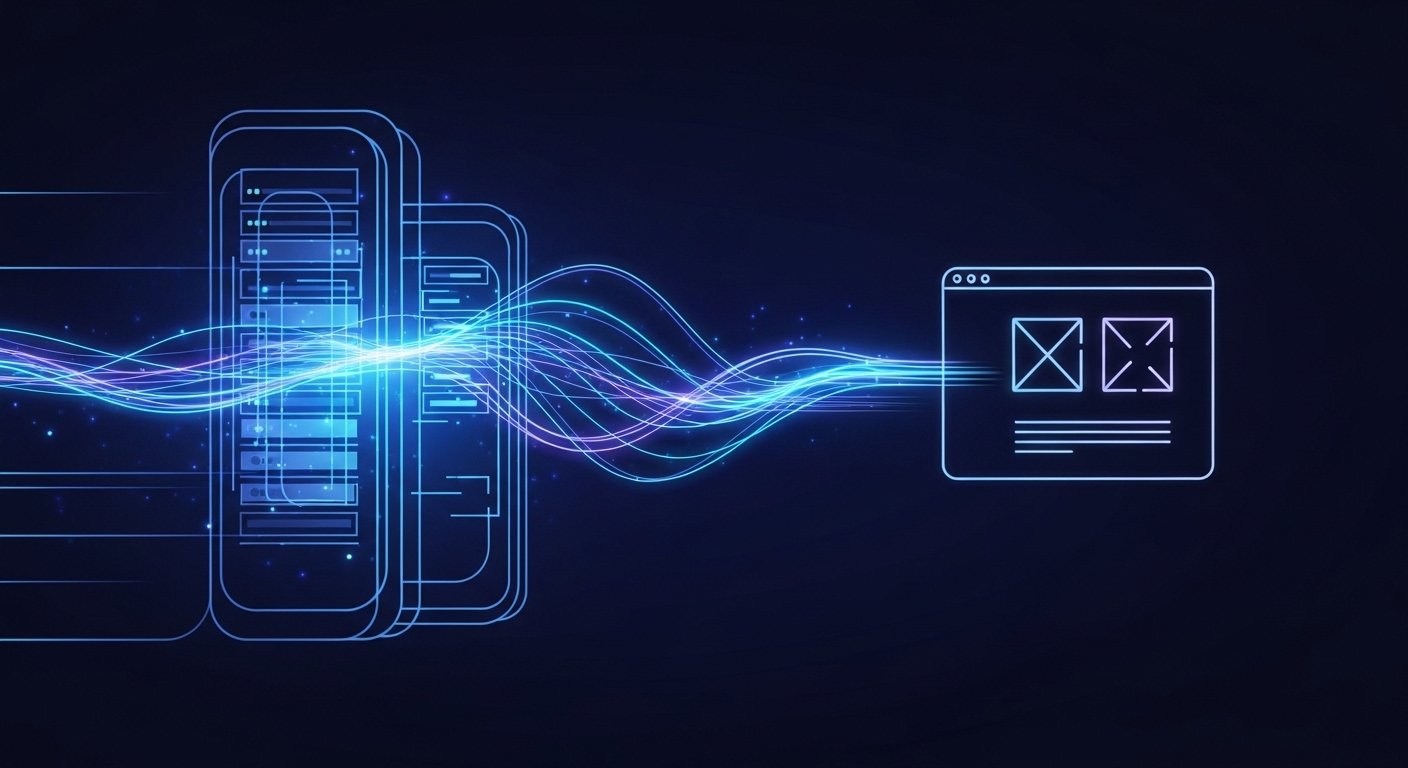 An abstract visual showing data flowing from servers to a website, illustrating the concept of hosting website performance and its impact on speed.