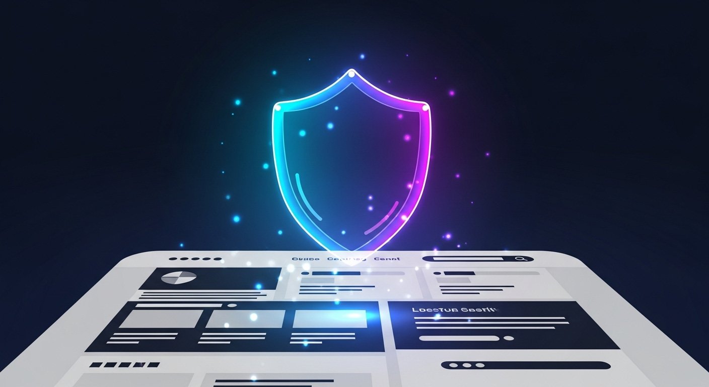 A digital shield icon glowing in blue and purple, protecting a modern business website dashboard, illustrating the concept of a website security checklist.