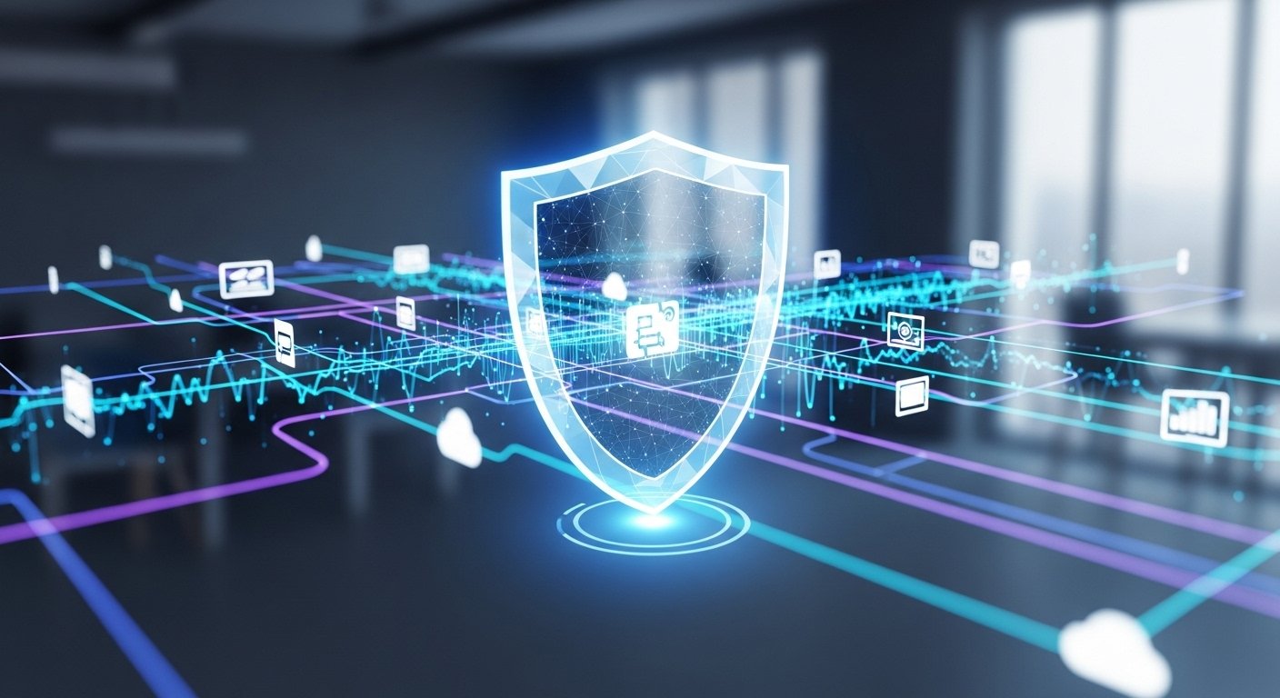 A digital shield glowing with blue and purple light, protecting a network of cloud application icons, illustrating the concept of SaaS security basics.