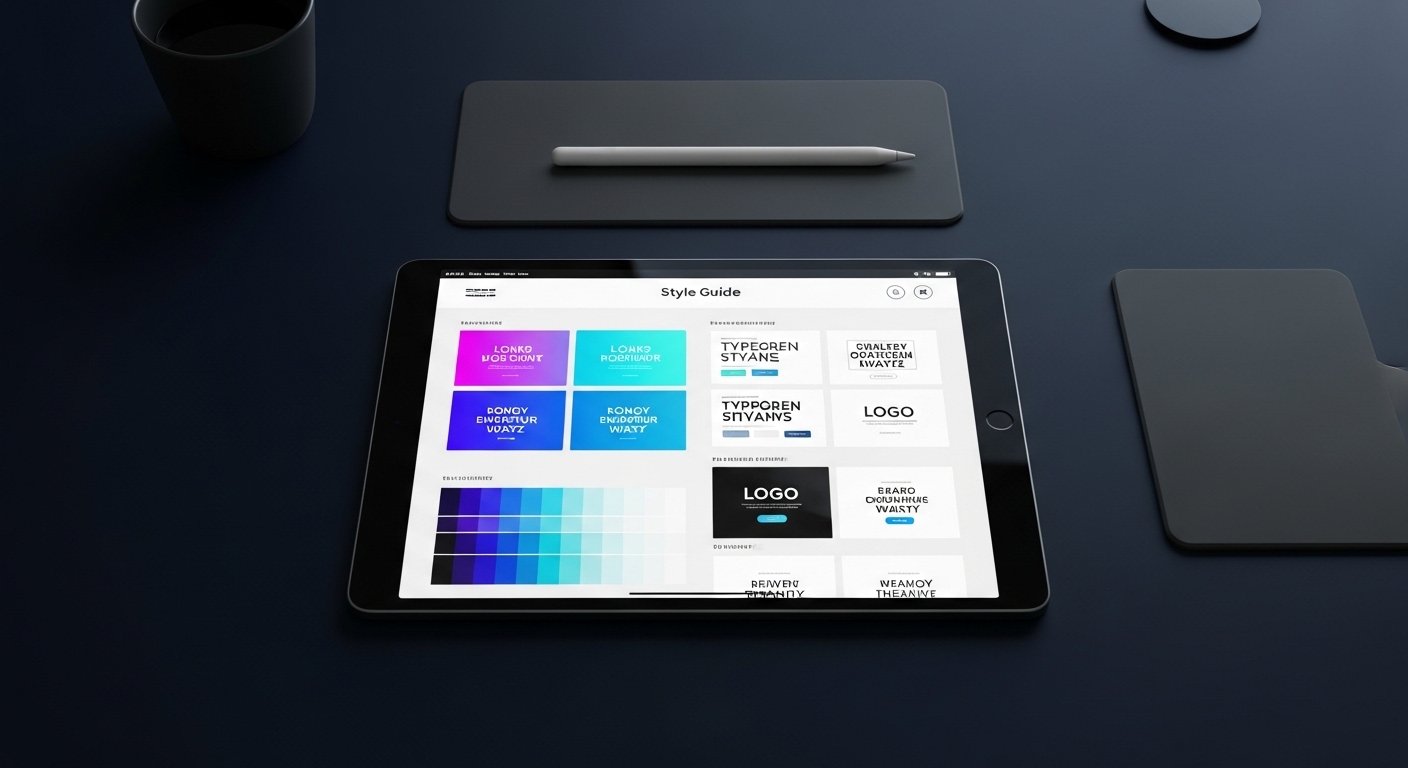 A designer's workspace featuring a tablet with a brand identity checklist, illustrating the core elements of professional website branding and design.