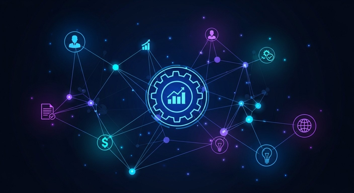 An abstract visualization of business automation ideas, showing interconnected nodes and data flows in blue and purple on a dark background.
