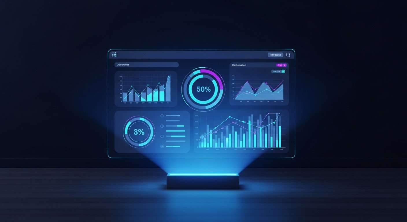 An abstract visualization of AI-powered analytics tools for marketers, showing glowing charts and data points.