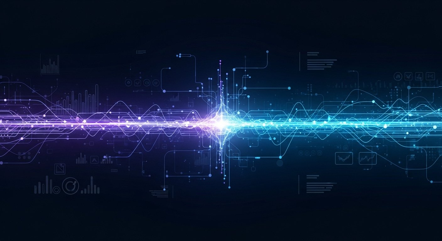 A conceptual image representing AI analytics tools for marketers, showing data streams flowing into a central processing node.