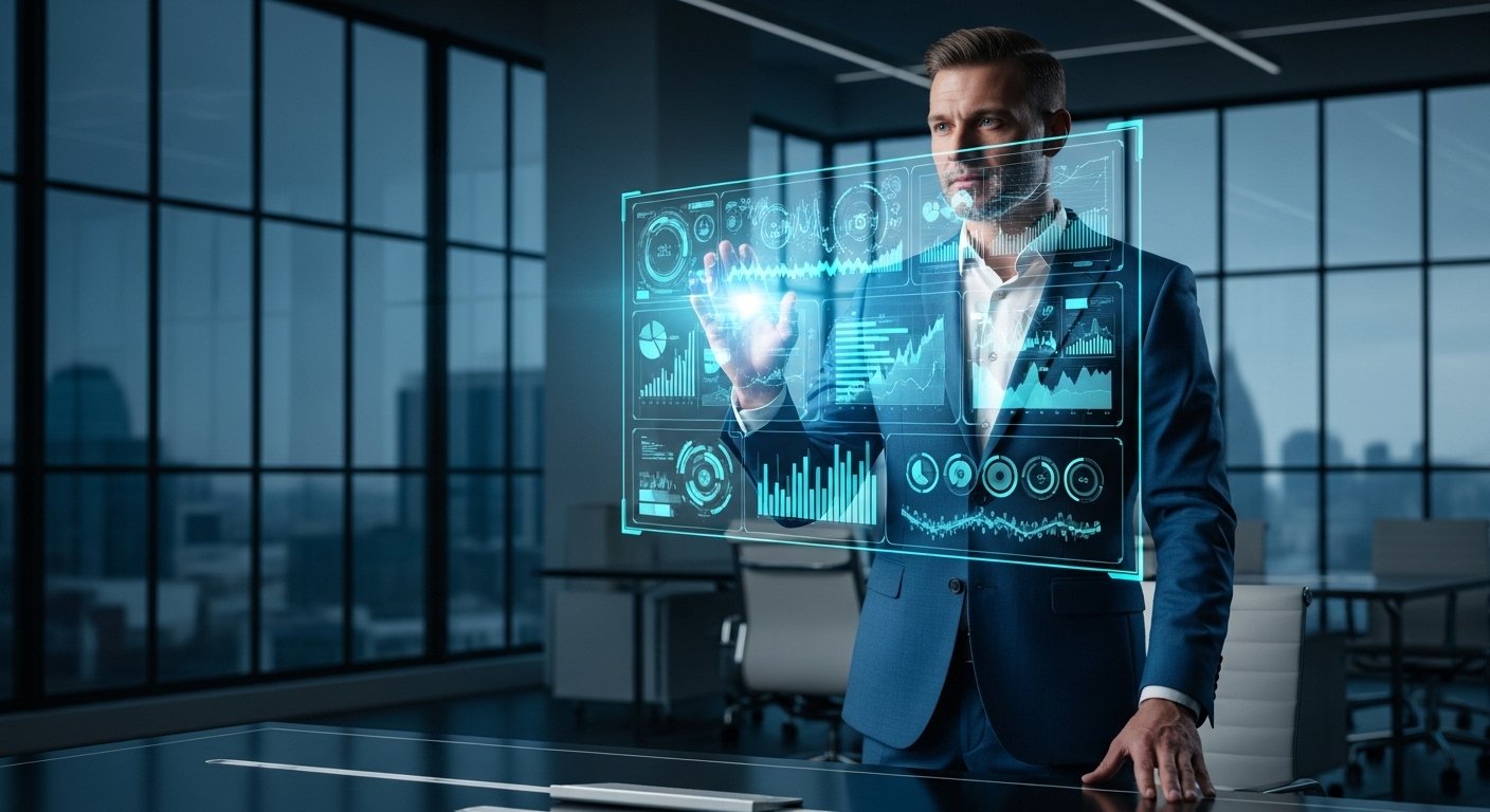 A marketing expert analyzing data on a futuristic holographic interface, illustrating the concept of collaborating with AI analytics advisors.