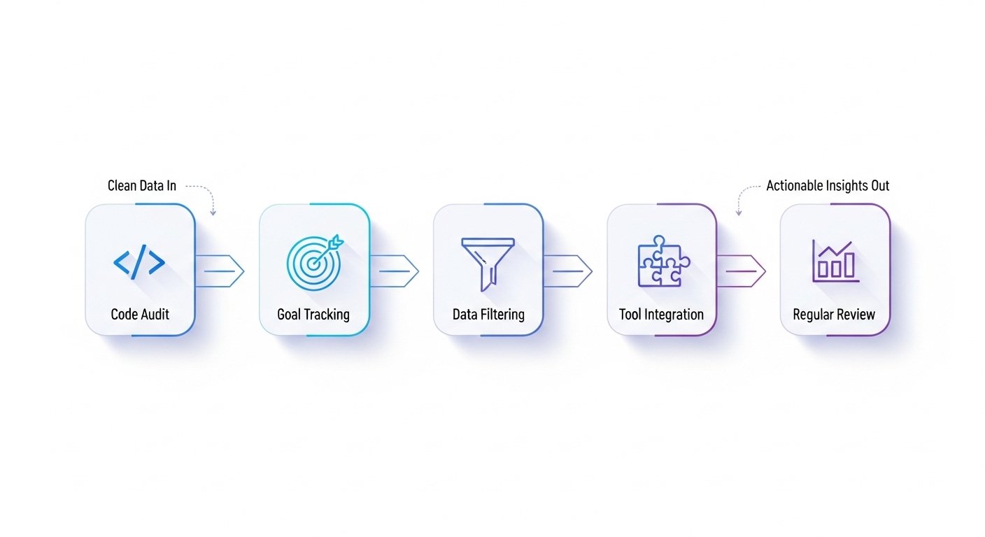 Infographic showing five steps for a healthy website analytics setup: code audit, goal tracking, data filtering, tool integration, and regular review.