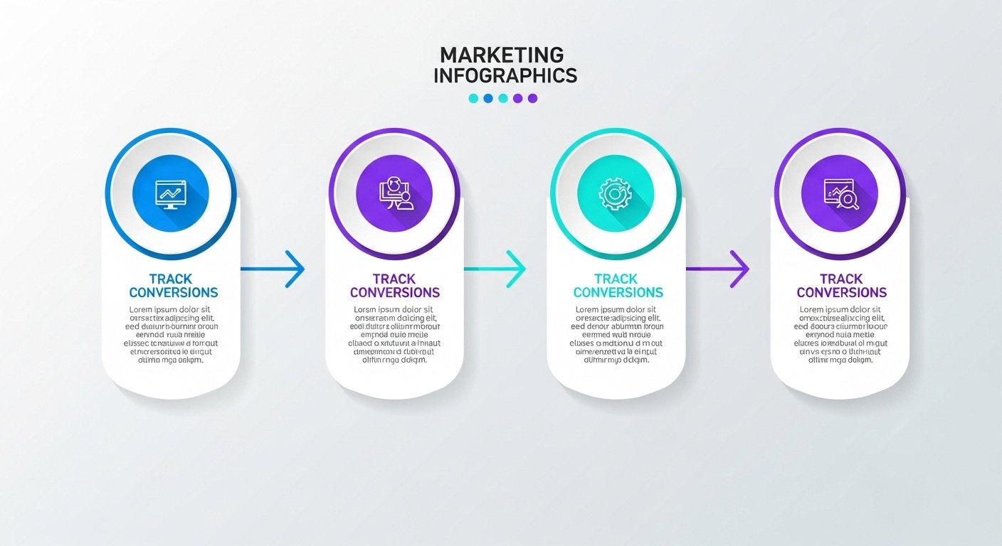Infographic showing the four-step process to track website conversions: Define Goals, Implement Tracking, Measure in Analytics, and Analyze & Optimize.