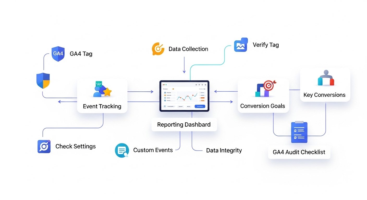 Infographic showing the key steps of a GA4 audit checklist, from verifying the tag and data collection to tracking events and conversions for an accurate report.