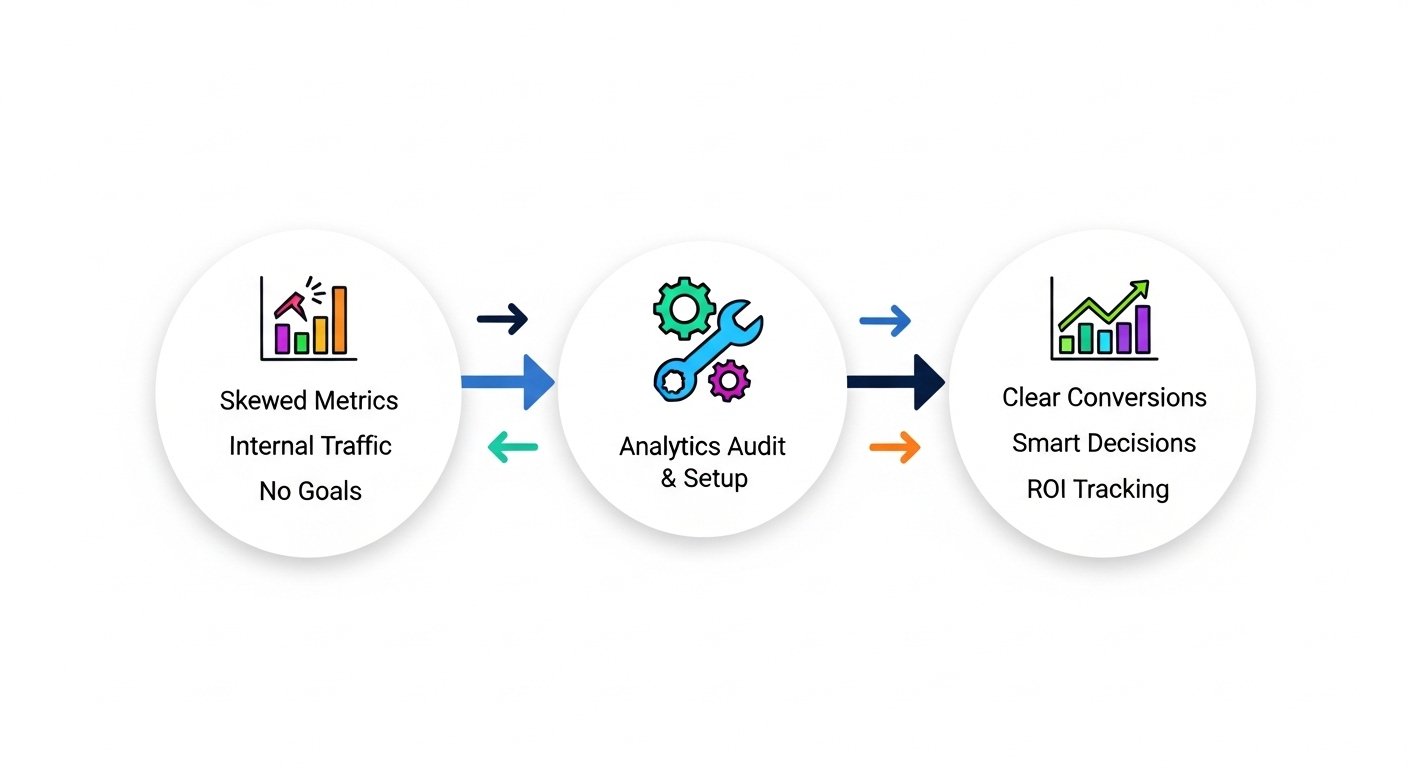 Infographic illustrating the process of fixing a website analytics setup, moving from incorrect data sources to achieving accurate insights for business.