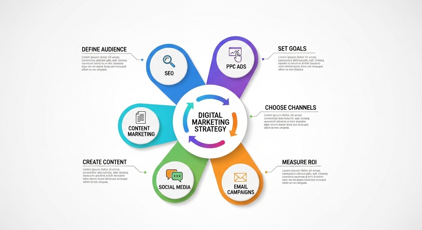 Infographic illustrating the core channels of a digital marketing strategy, including SEO, PPC, Content, Social Media, and Email, all stemming from a central plan.