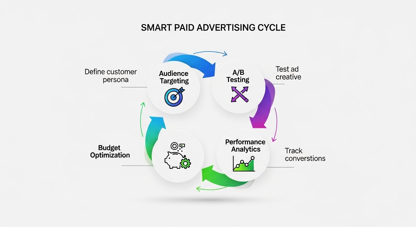 Infographic showing a four-stage cycle to improve online visibility with smart advertising: Audience Targeting, A/B Testing, Performance Analytics, and Budget Optimization.