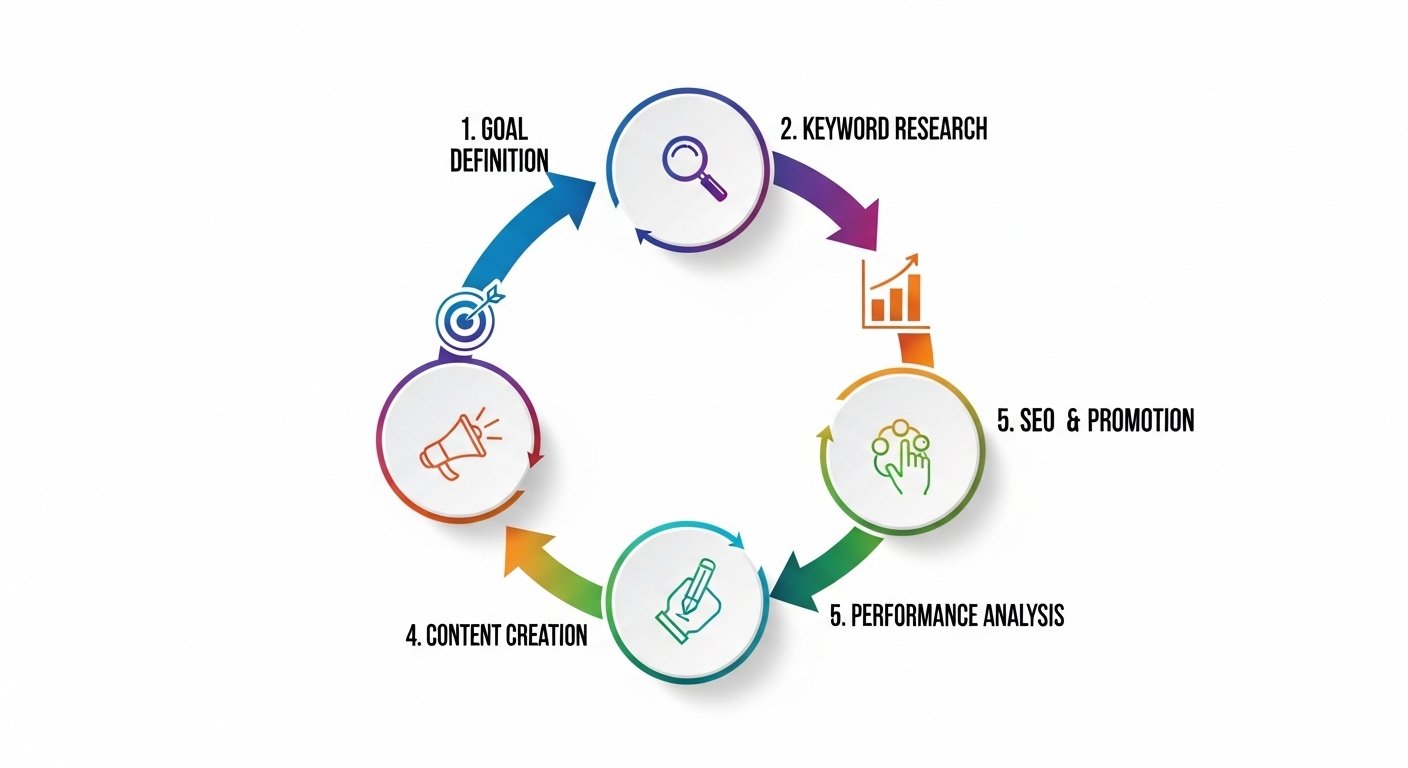 Infographic showing the 6-step process of creating an SEO content plan, from goal definition and keyword research to performance analysis.