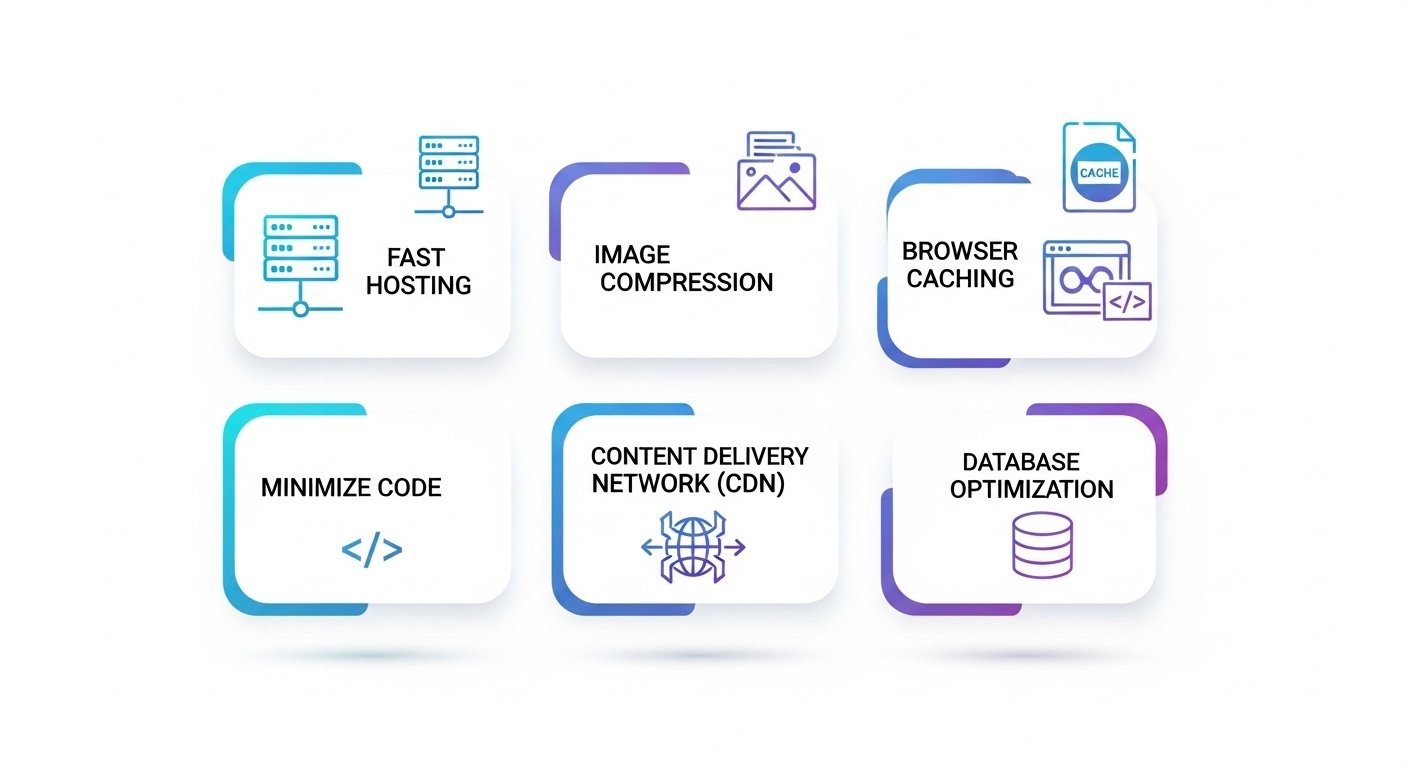 An infographic illustrating the core components of website speed optimization, including icons for fast hosting, image compression, caching, and code minification.
