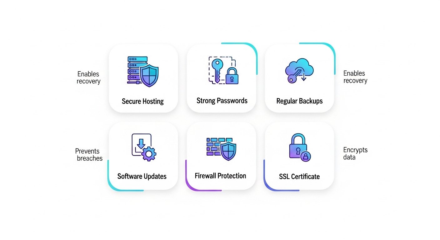 Infographic detailing a website security checklist with icons for hosting, passwords, backups, updates, firewall, and SSL certificate.