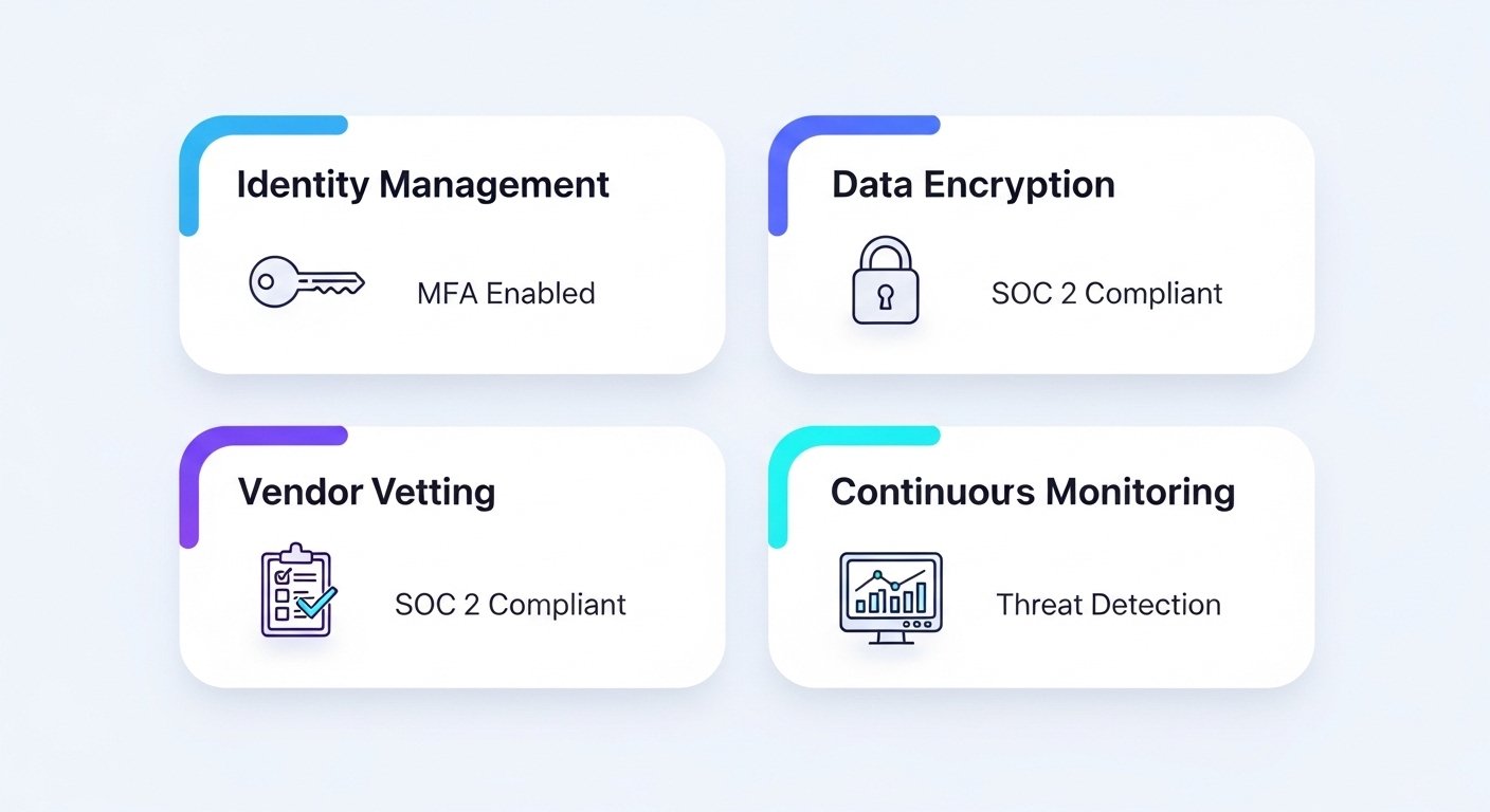Infographic showing the four core pillars of SaaS security basics: Identity Management, Data Encryption, Vendor Vetting, and Continuous Monitoring.
