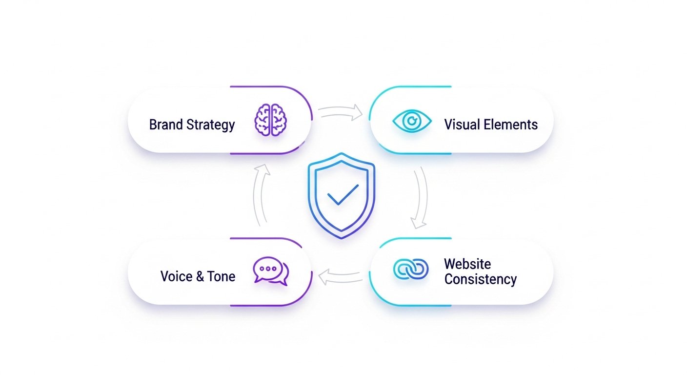 Infographic showing the four core pillars of a brand identity checklist: brand strategy, visual elements, voice and tone, and website consistency.