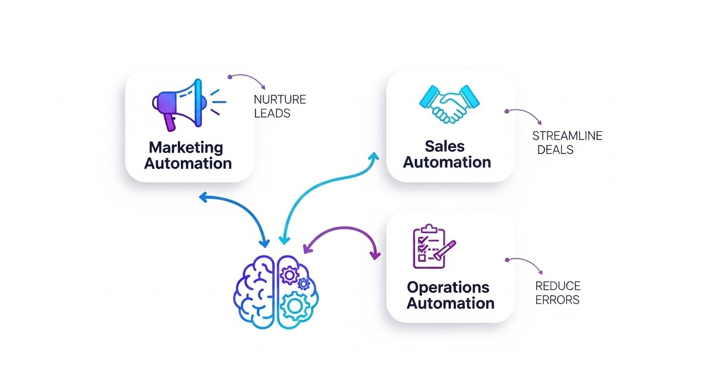 Infographic showing three core business automation ideas: Marketing Automation for nurturing leads, Sales Automation for streamlining deals, and Operations Automation for reducing