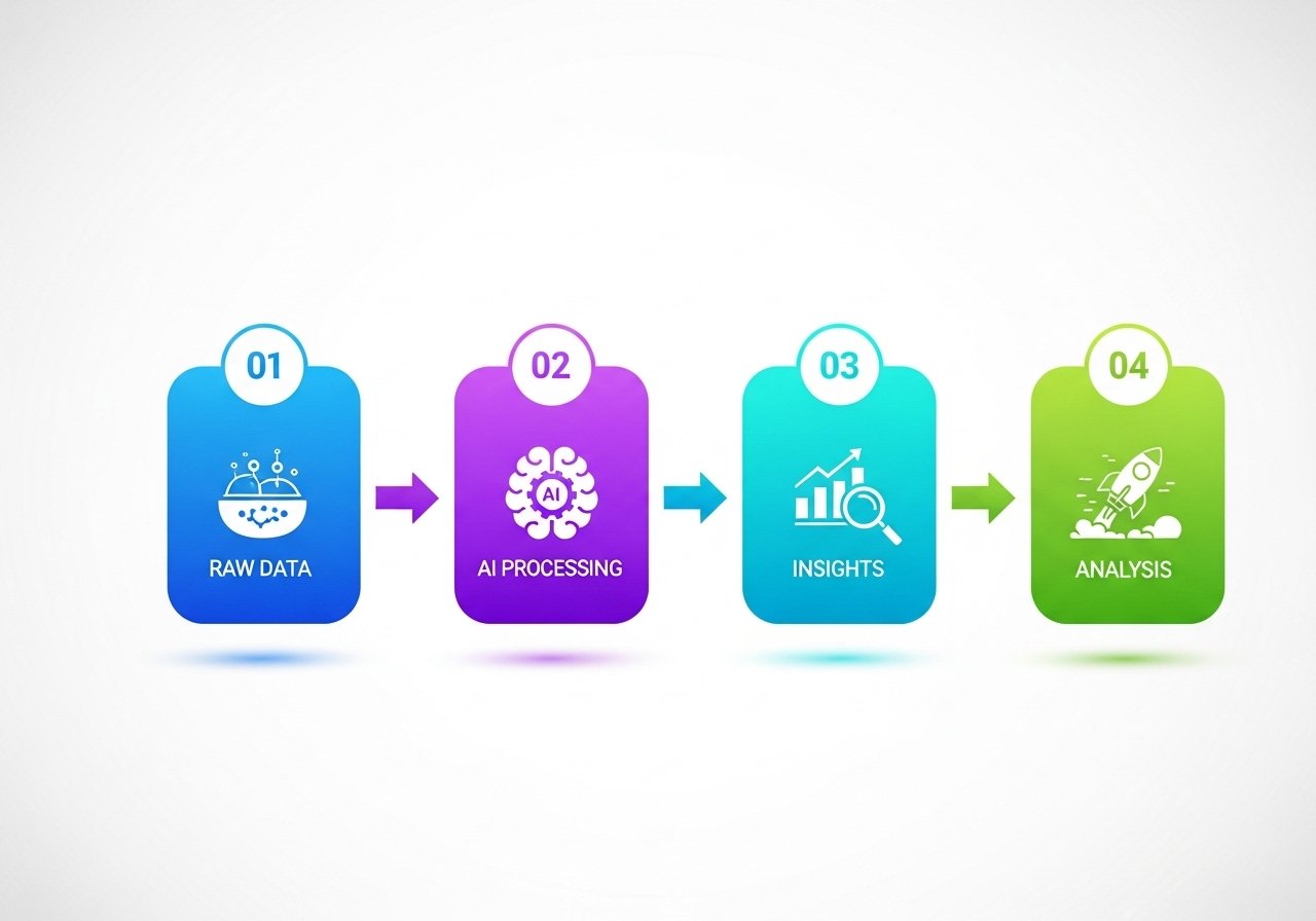 Infographic showing the flow from raw data to AI processing to business insights and growth.