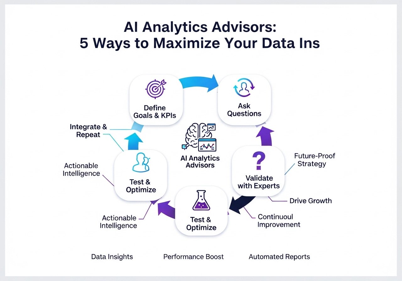 Infographic showing the 5-step cycle for collaborating with AI analytics advisors, starting with defining goals and ending with integration.