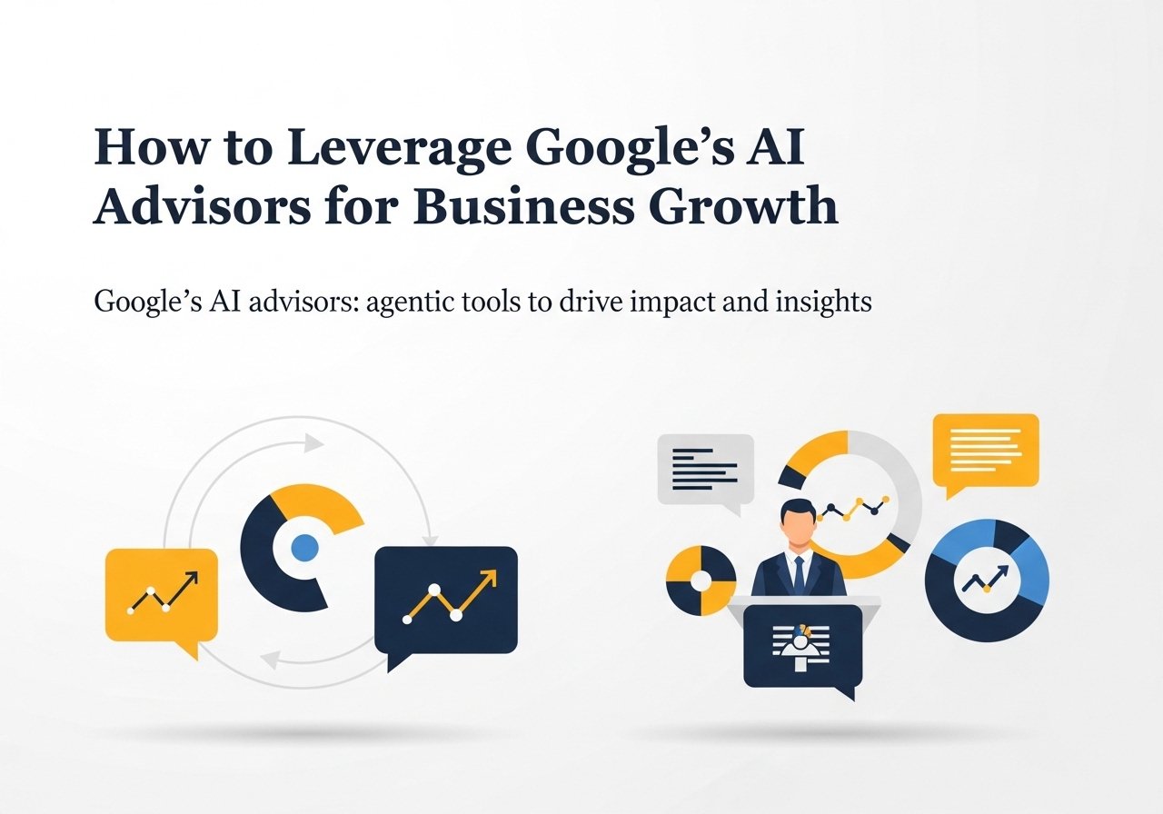Infographic explaining how to use Google's AI advisors, showing the flow from data foundation to AI analysis, insights, and business growth.