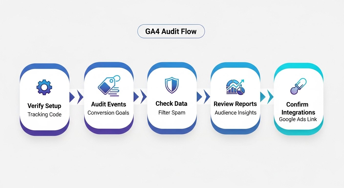 Infographic showing the 5 key stages of a GA4 audit checklist: verifying setup, auditing events, checking data integrity, reviewing reports, and confirming integrations.